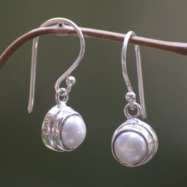 Alternate image for Sterling Silver and Pearl Dangle Earrings White Full Moon