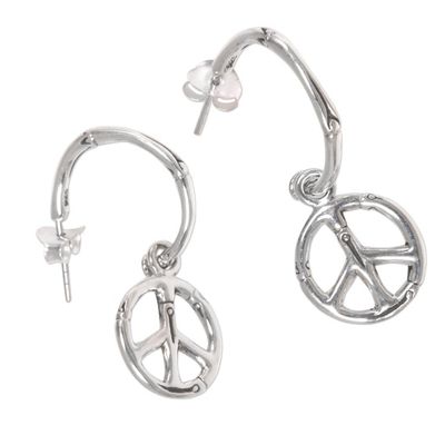 Alternate image for Sterling Silver Balinese Bamboo Motif Peace Symbol Earrings Bamboo Peace