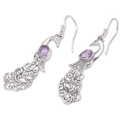 Alternate image for Sterling Silver and Amethyst Dangle Earrings with Peacocks Purple Peacock Queen