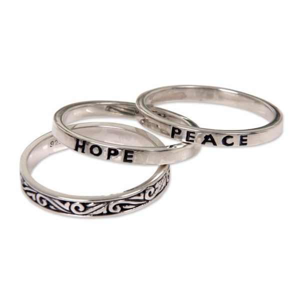 Alternate image for 3 Sterling Silver Hope and Peace Stacking Rings Bali Hope for Peace