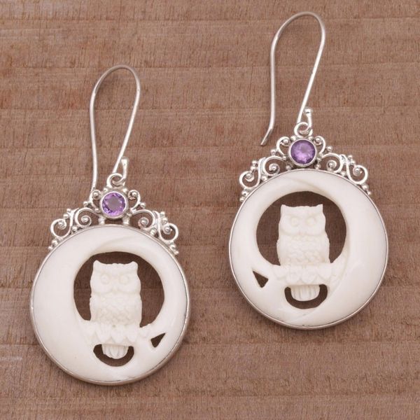 Alternate image for Polished Bone Owl Dangle Earrings with Amethysts Owls on Watch