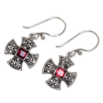 Alternate image for Handcrafted Balinese Silver Cross Earrings with Garnet Cross Pattee