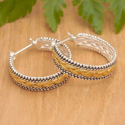 Alternate image for Sterling Silver Hoop Earrings with Gold-Plated Braid Accents Sparkling Braids
