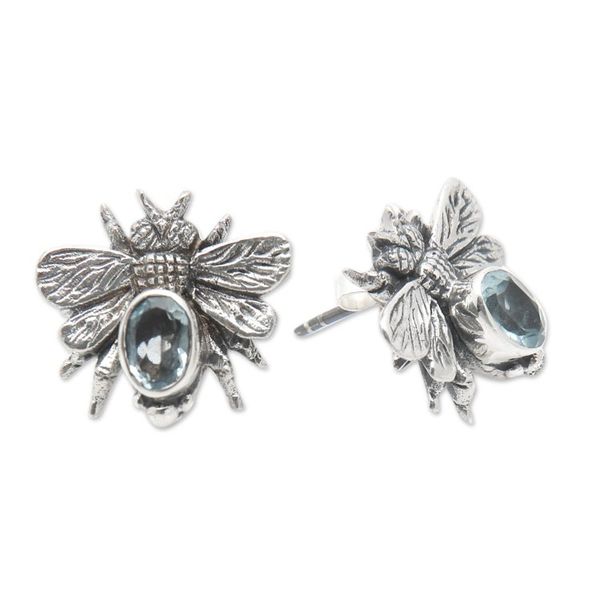Alternate image for Sterling Silver Bee Button Earrings with Blue Topaz Jewels Bee Loyal