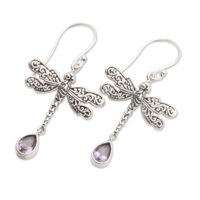 Alternate image for Artisan Crafted Balinese Silver Earrings with Amethyst Dragonfly Freedom