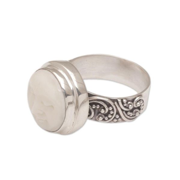 Alternate image for Hand Carved Bone and Sterling Silver Face Ring Serene Repose