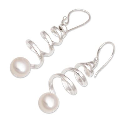Alternate image for Indonesian Cultured Pearl Sterling Silver Spiral Earrings Moonlight Springs