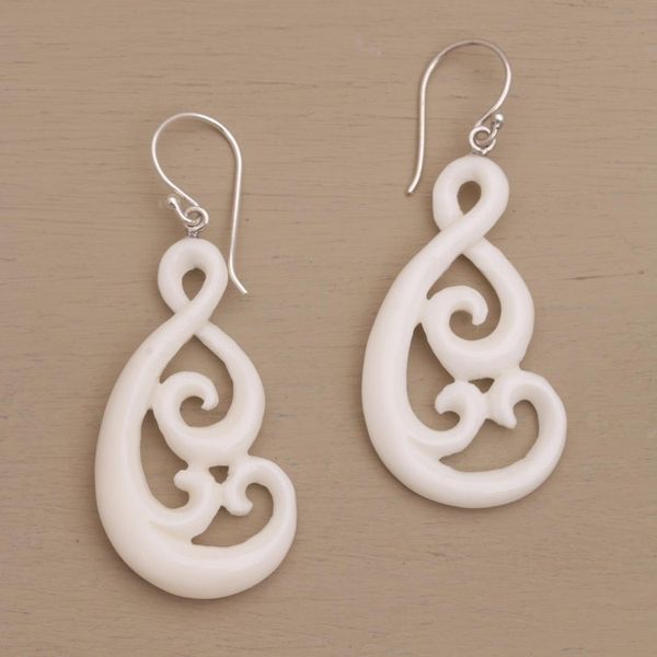 Alternate image for Handcrafted Bone Dangle Earrings from Bali Swirly Vines