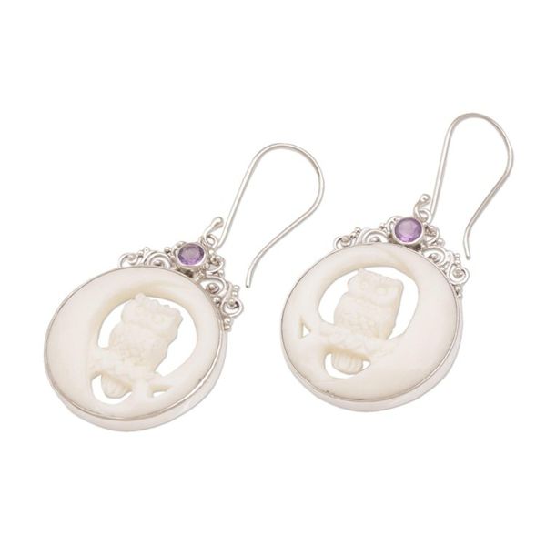 Alternate image for Polished Bone Owl Dangle Earrings with Amethysts Owls on Watch