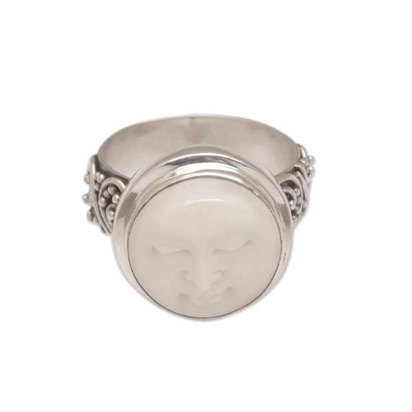 Alternate image for Hand Carved Bone and Sterling Silver Face Ring Serene Repose