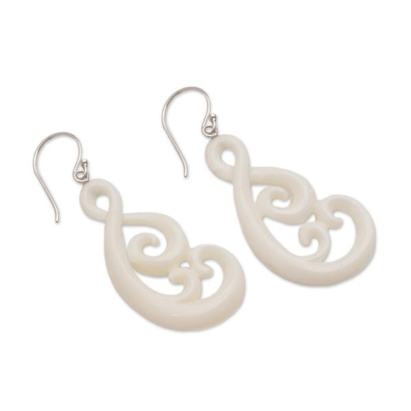 Alternate image for Handcrafted Bone Dangle Earrings from Bali Swirly Vines