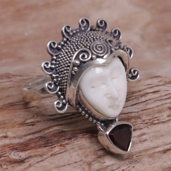 Alternate image for Garnet Sterling Silver Bone Cocktail Ring from Indonesia Saraswati Face in Red