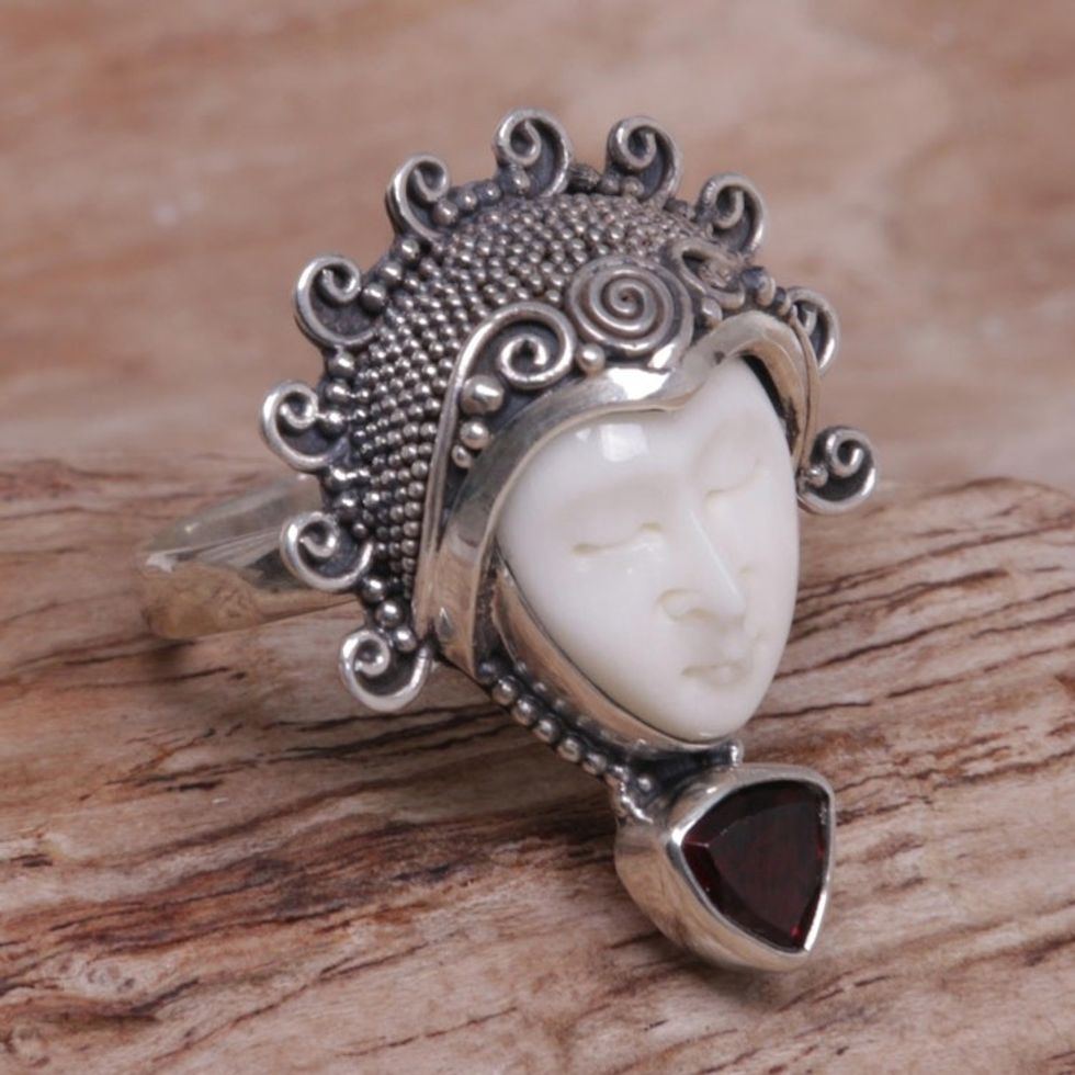Garnet Sterling Silver Bone Cocktail Ring from Indonesia 'Saraswati Face in Red'