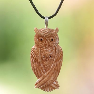Alternate image for Leather and Bone Artisan Crafted Owl Pendant Necklace Brown Owl Family