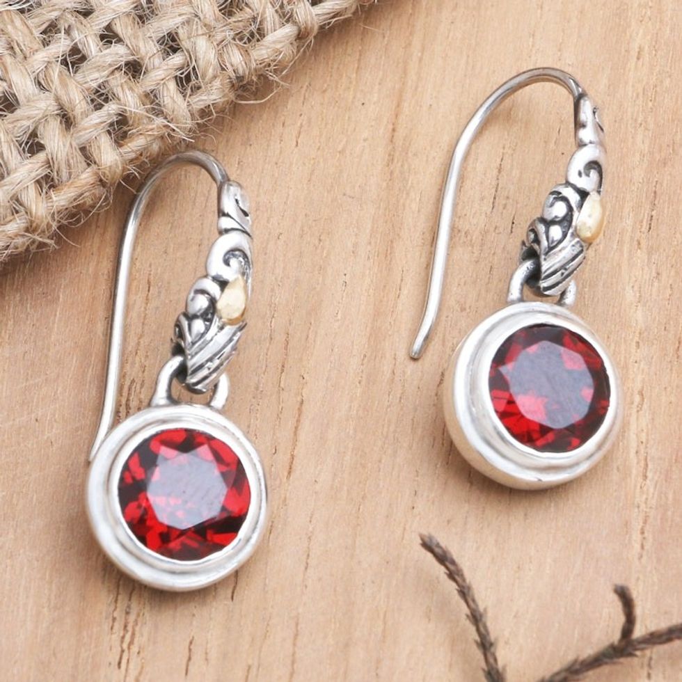 Gold-Accented Garnet Dangle Earrings 'Tropical Color in Volcano'