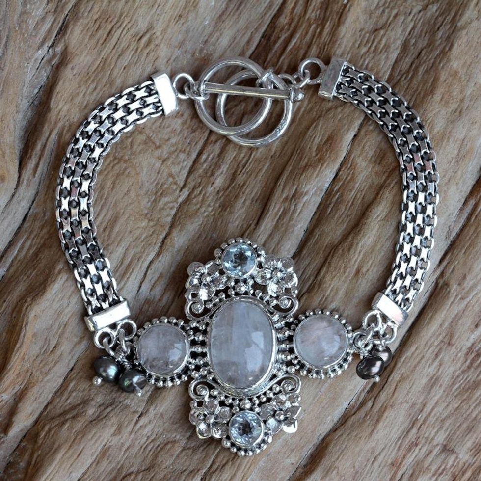 Rainbow Moonstone and Blue Topaz Bracelet 'Regal Gianyar'