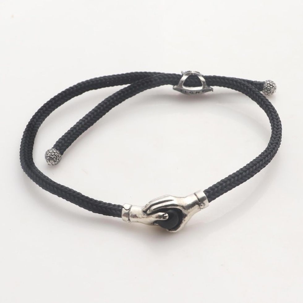 Bali Obsidian and Sterling Silver Cord Unity Bracelet 'Silver Handshake'