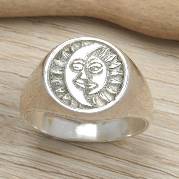 Alternate image for Polished Sterling Silver Signet Ring with Moon and Sun Sign Icon of Universe
