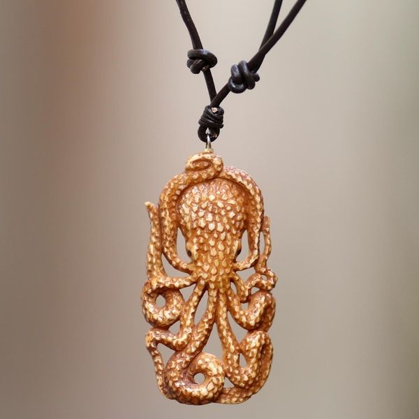 Alternate image for Octopus Pendant Necklace Hand Carved of Cow Bone Bali Octopus
