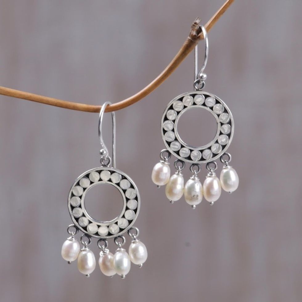 Indonesian Sterling Silver Pearl Chandelier Earrings 'White Moon Aura'