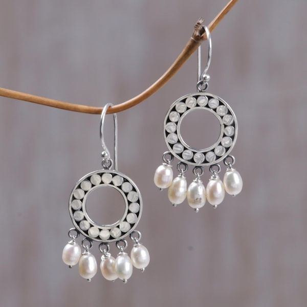 Alternate image for Indonesian Sterling Silver Pearl Chandelier Earrings White Moon Aura