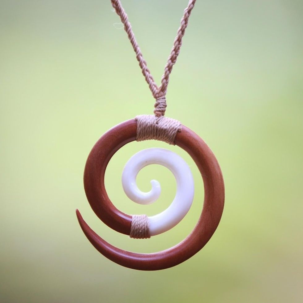 Sawo Wood and Cow Bone Adjustable Pendant Necklace 'Hypnotic Borneo'