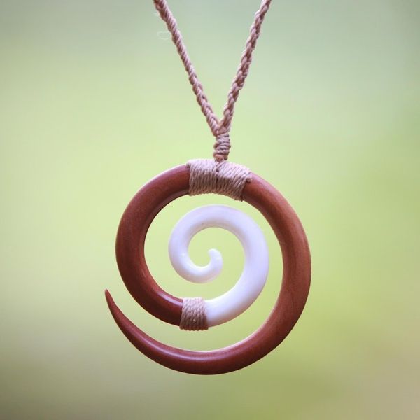 Alternate image for Sawo Wood and Cow Bone Adjustable Pendant Necklace Hypnotic Borneo