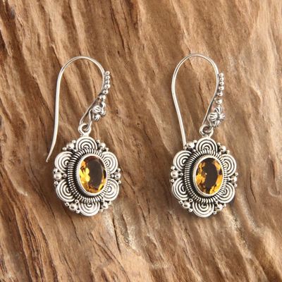 Alternate image for Floral Sterling Silver and Citrine Dangle Earrings Balinese Sunflower