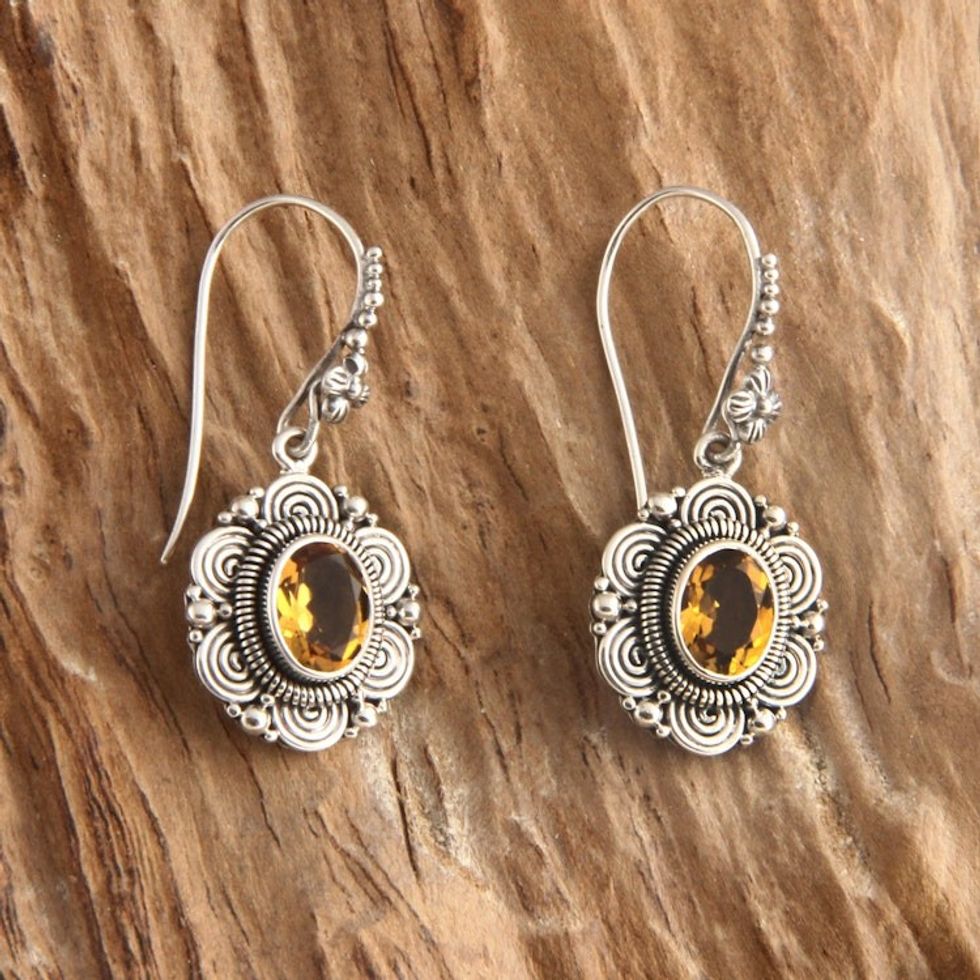 Floral Sterling Silver and Citrine Dangle Earrings 'Balinese Sunflower'