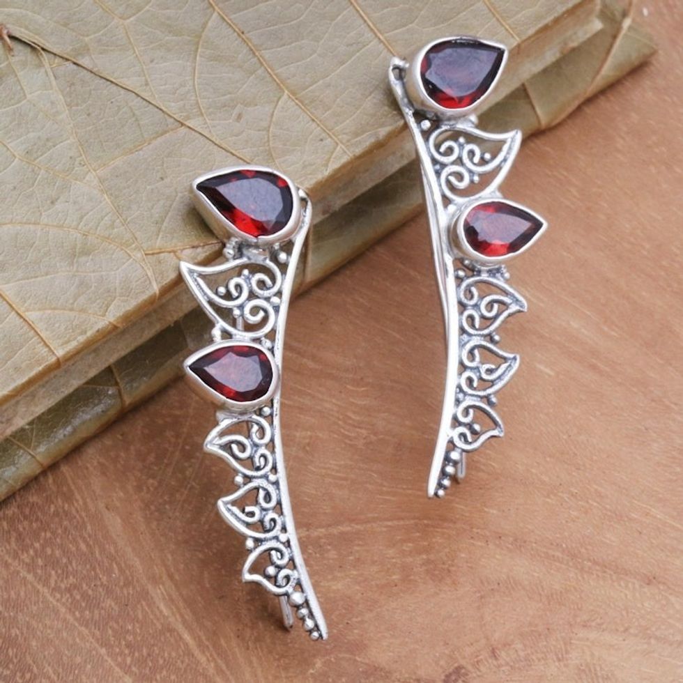 Ear Climber Earrings with Garnet and Sterling Silver 'Climbing Ivy'