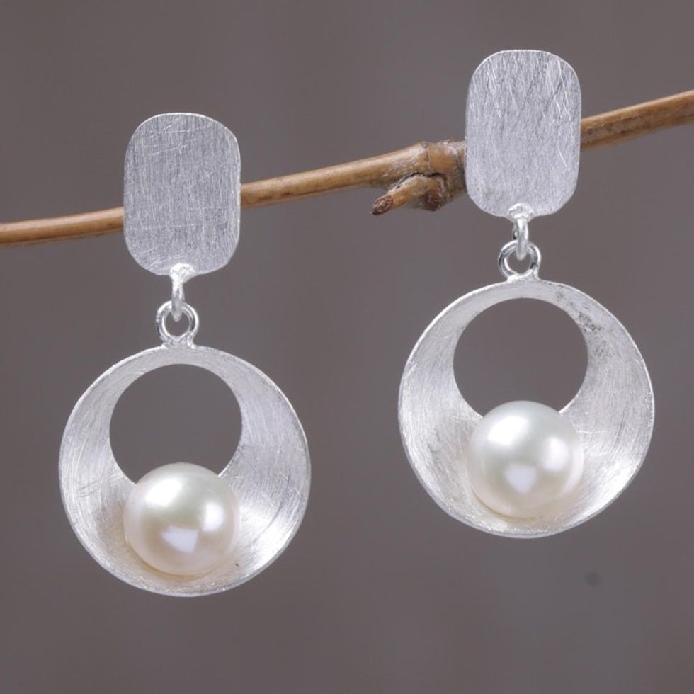 Cultured Mabe Pearl and Sterling Silver Earrings from Bali 'Moon Vortex'