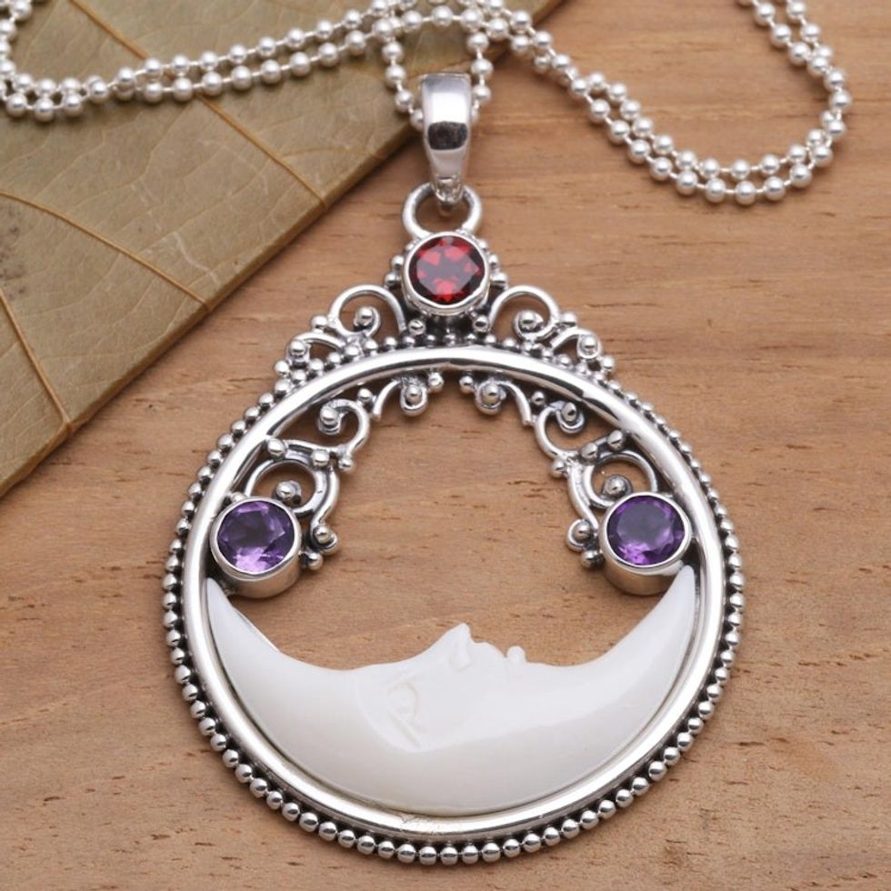 Moon Pendant Necklace with Amethyst and Garnet 'Peaceful Evening'