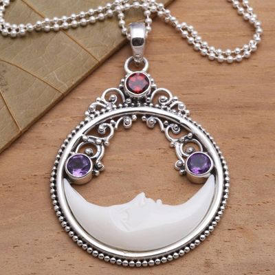 Alternate image for Moon Pendant Necklace with Amethyst and Garnet Peaceful Evening