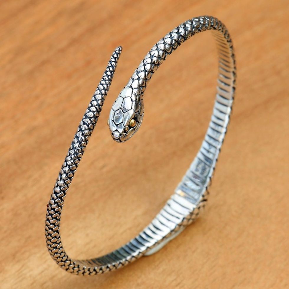 Realistic Sterling Silver Snake Bracelet with 18k Gold Eyes 'Earth Serpent'