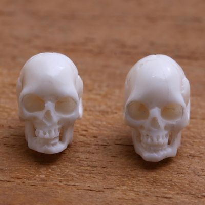 Alternate image for Skull-Shaped Bone Stud Earrings Crafted in Bali Trunyan Skulls