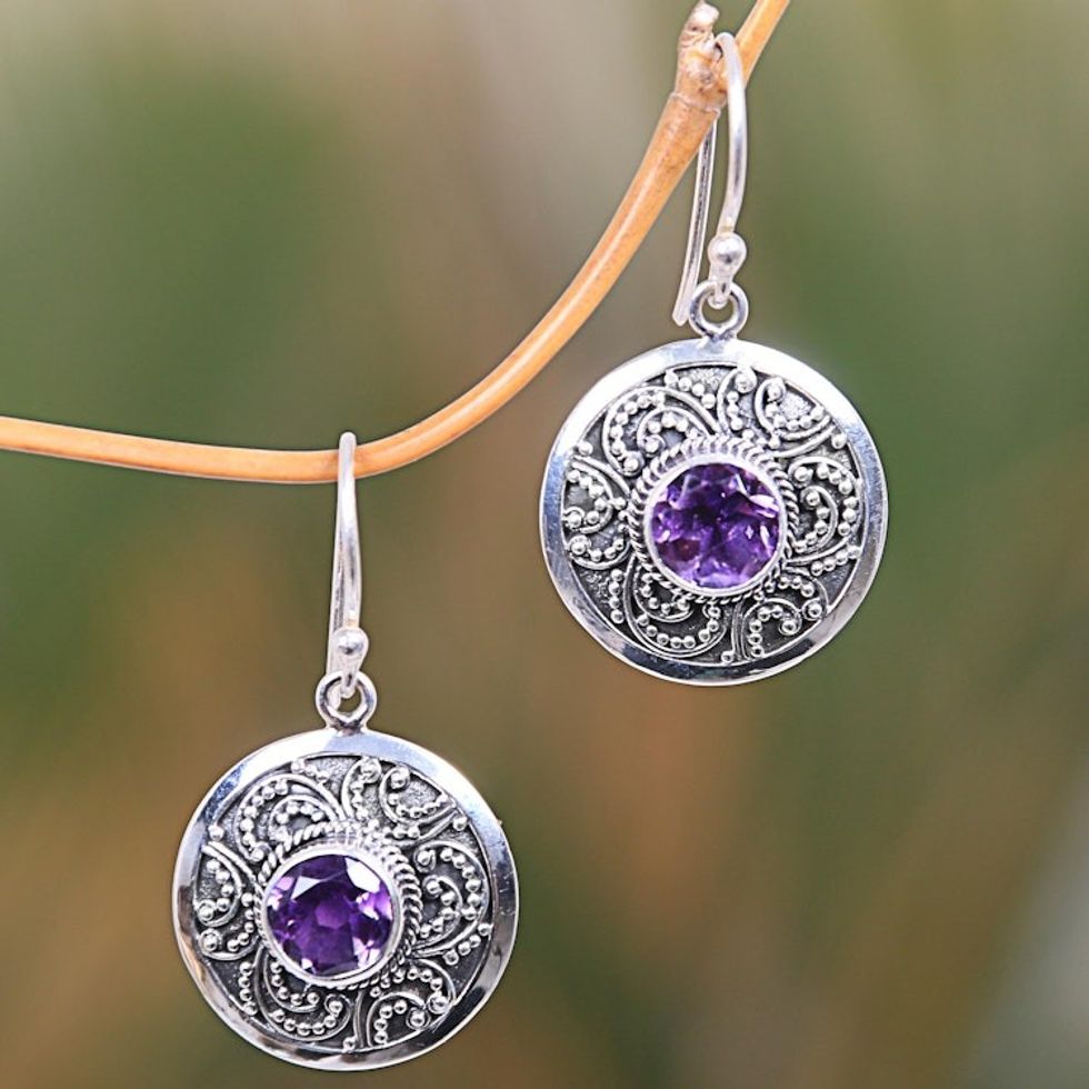 Balinese Fair Trade Amethyst Sterling Silver Earrings 'Balinese Aura'