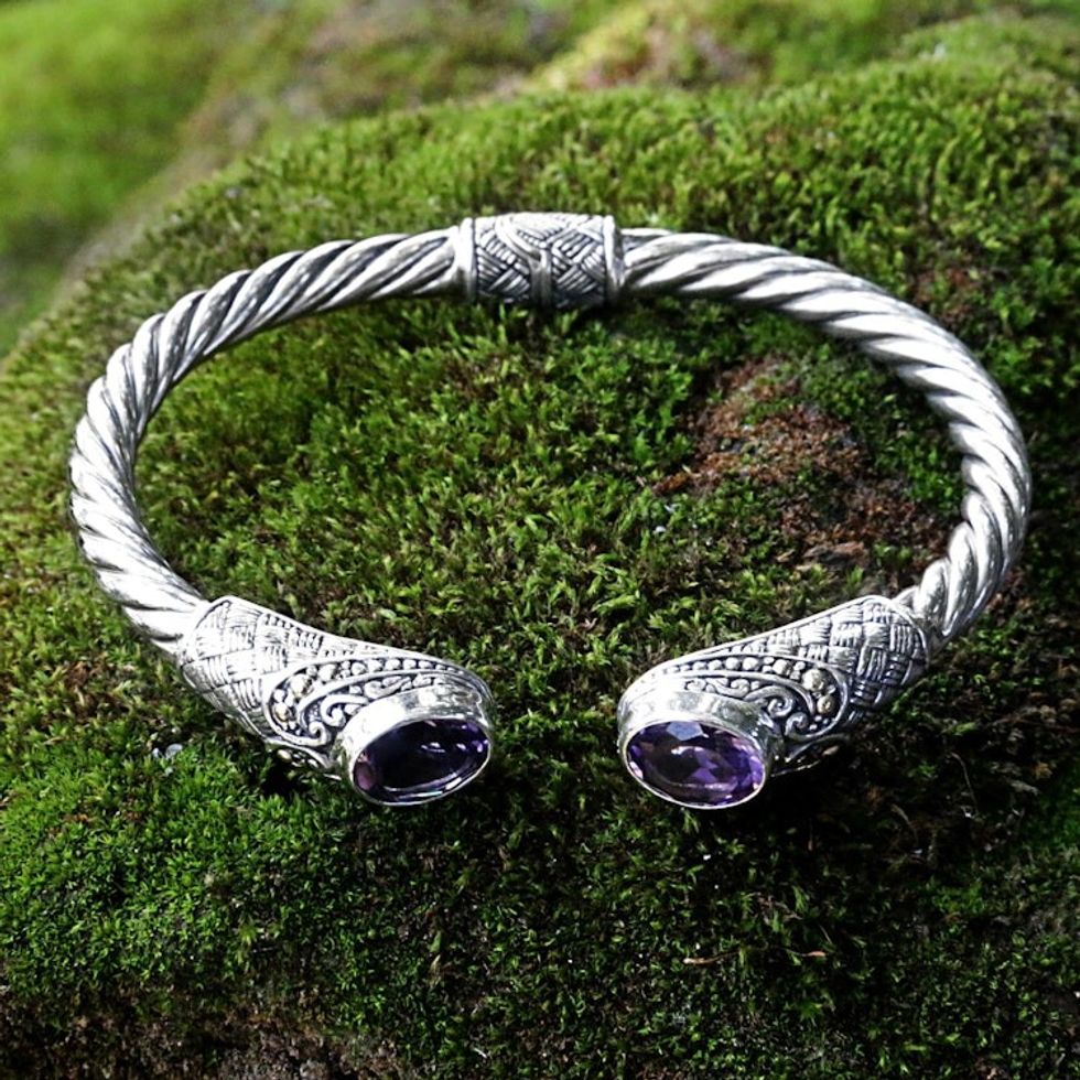 Hand Crafted Amethyst Cuff Bracelet from Indonesia 'Sterling Rope'