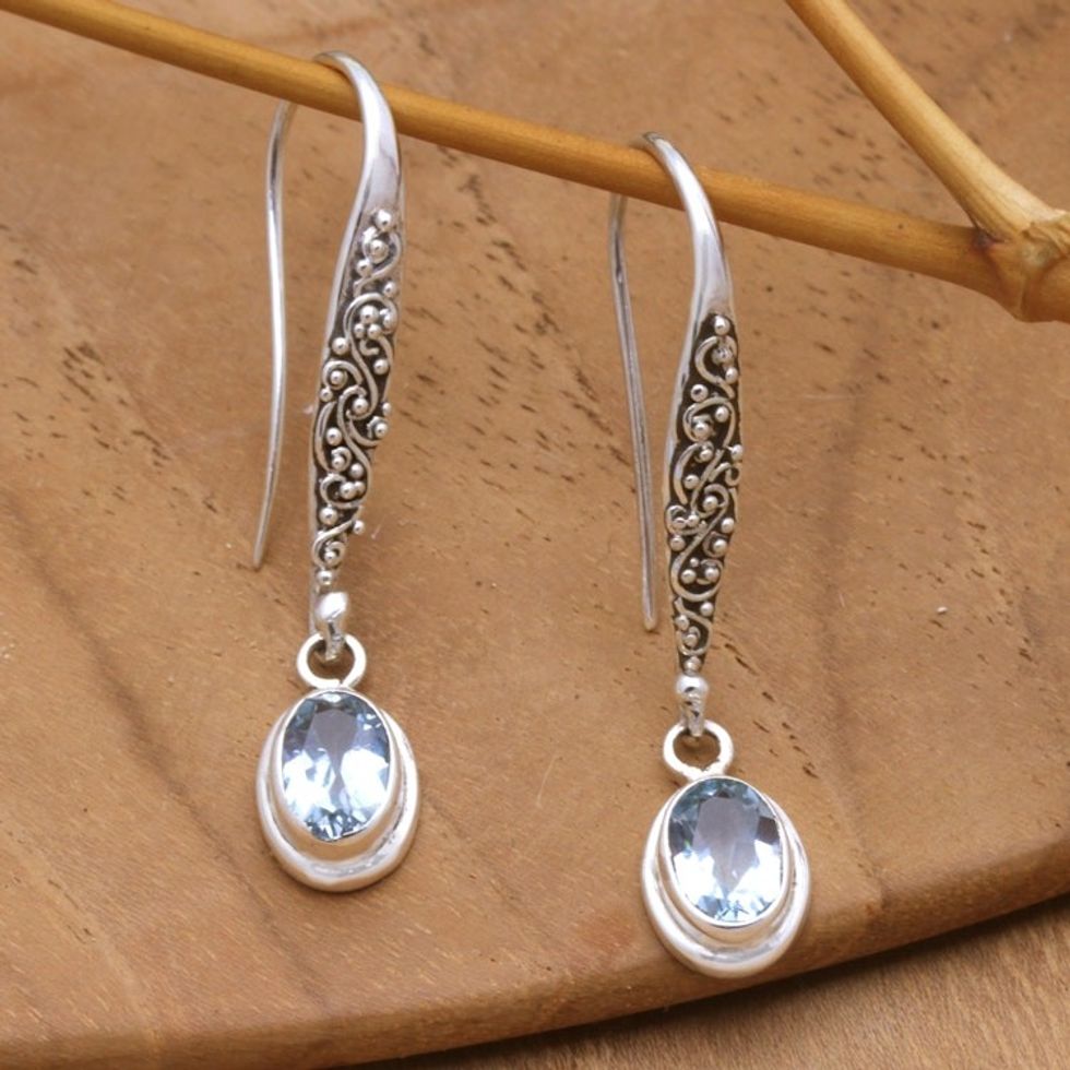 Sterling Silver and Blue Topaz Dangle Earrings Made in Bali 'Heaven's Treasure in Azure'