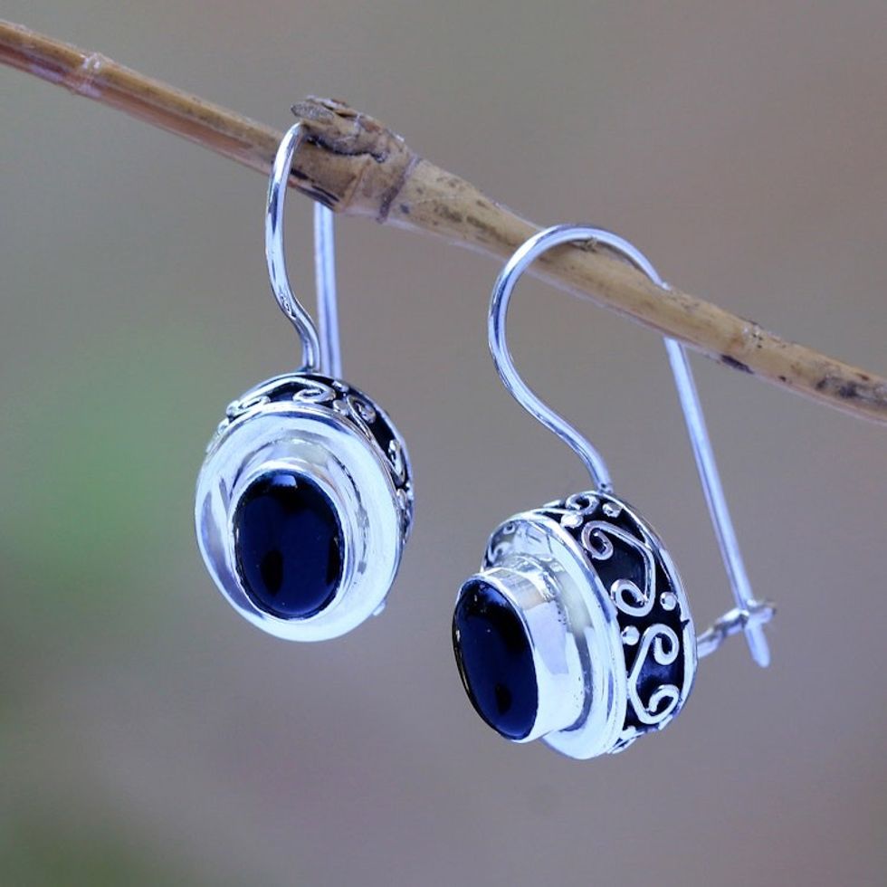 Oval Onyx Drop Earrings Crafted in Bali 'Dark Ovals'