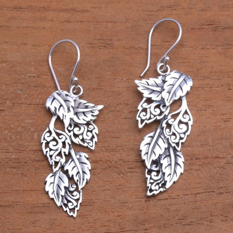 Leaf-Themed Sterling Silver Dangle Earrings from Bali 'Fantastic Forest'