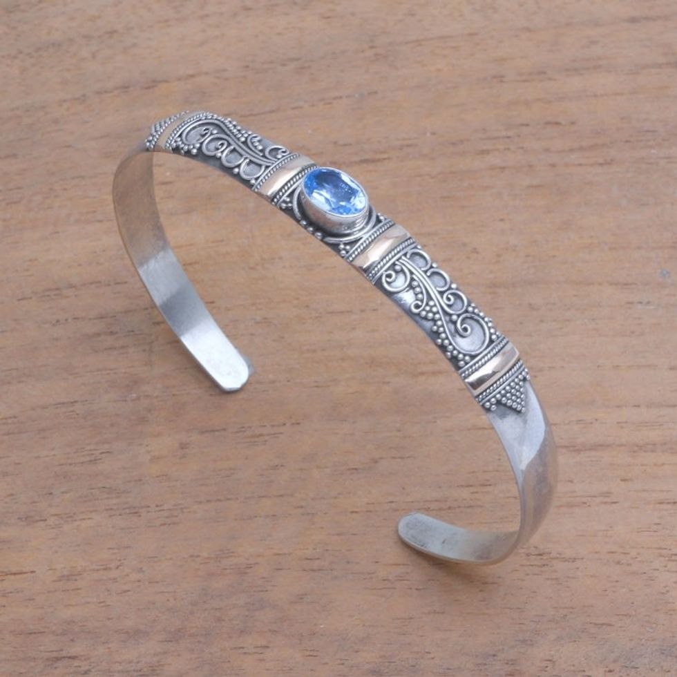 Blue Topaz 18K Gold Accent on Sterling Silver Cuff Bracelet 'Fanciful Fronds'