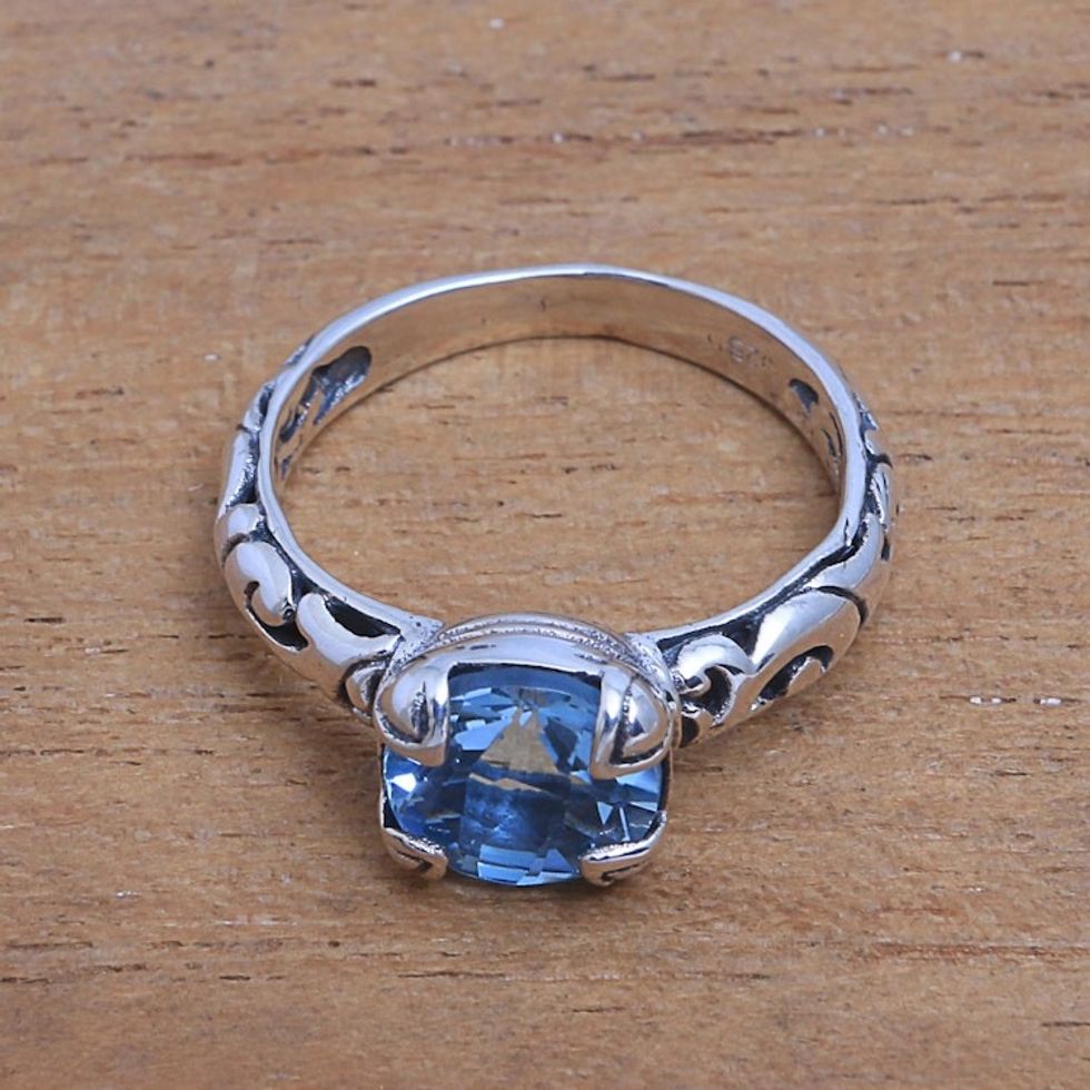 Blue Topaz Single Stone Ring Crafted in Bali 'Temple Heirloom'