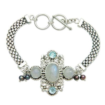 Alternate image for Rainbow Moonstone and Blue Topaz Bracelet Regal Gianyar