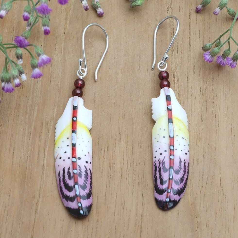 Handcrafted Purple Feather Dangle Earrings with Garnet Beads 'Wisdom Feathers'