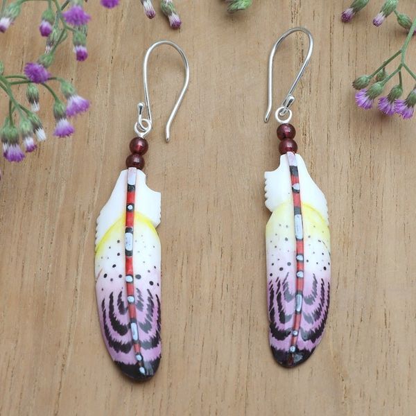 Alternate image for Handcrafted Purple Feather Dangle Earrings with Garnet Beads Wisdom Feathers