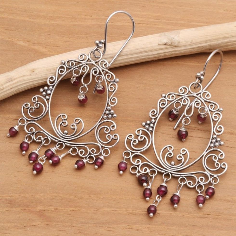 Garnet Sterling Silver Filigree Earrings 'Smiling Clown'