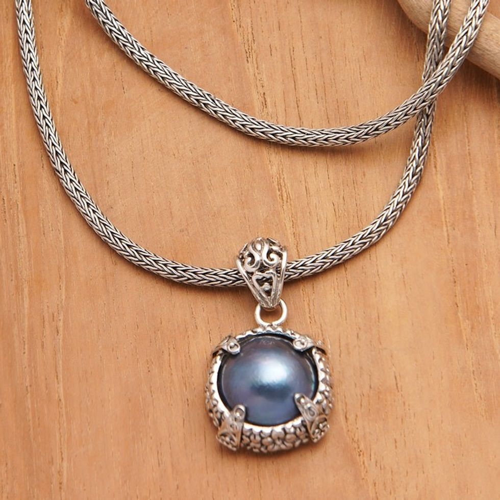 Traditional Sterling Silver Pendant Necklace with Blue Pearl 'Peaceful Force'