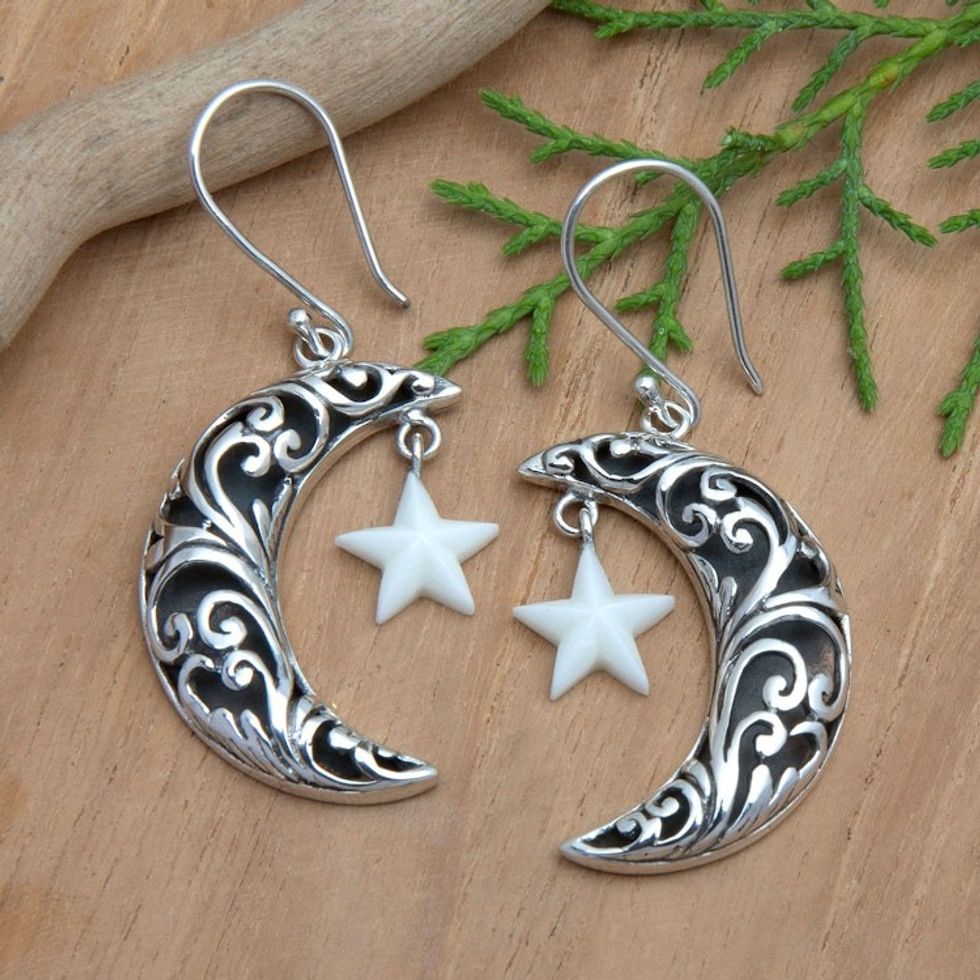 Moon-Shaped Leafy Dangle Earrings with Star Accents 'Constellation Night'