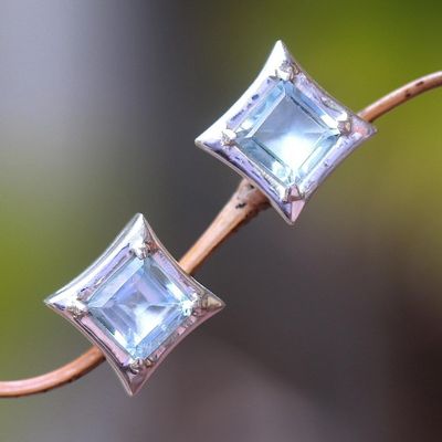 Alternate image for Square Blue Topaz Stud Earrings Crafted in Bali Elegance of Squares