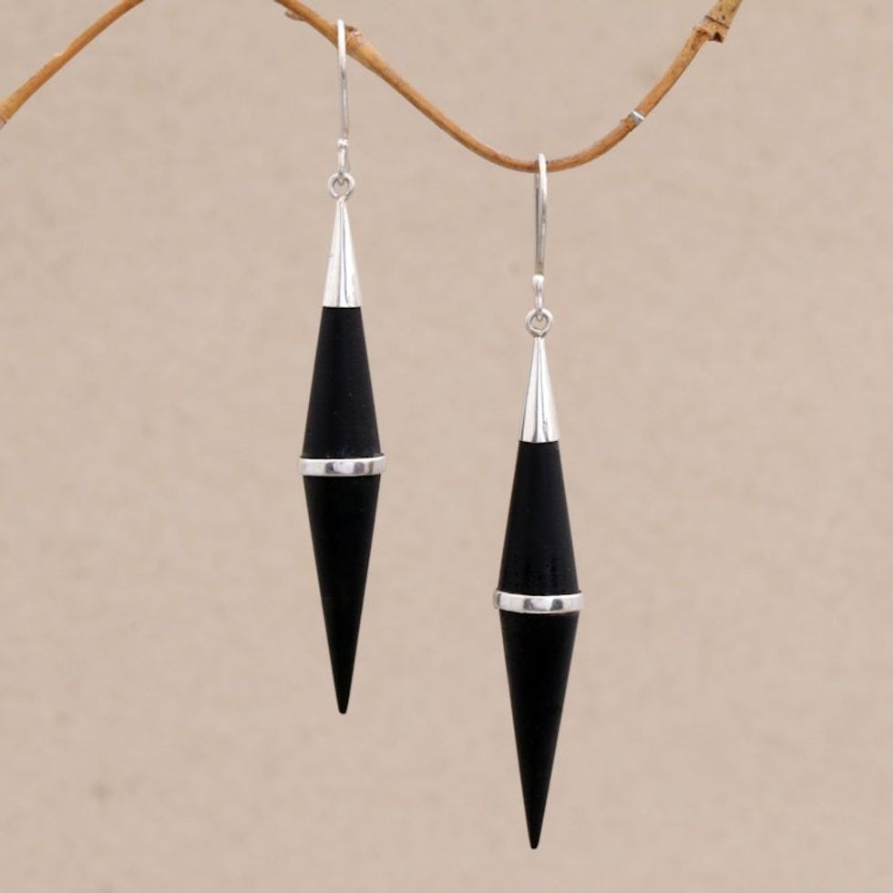 Sterling Silver and Sono Wood Cone-Shaped Dangle Earrings 'Elegant Cones'